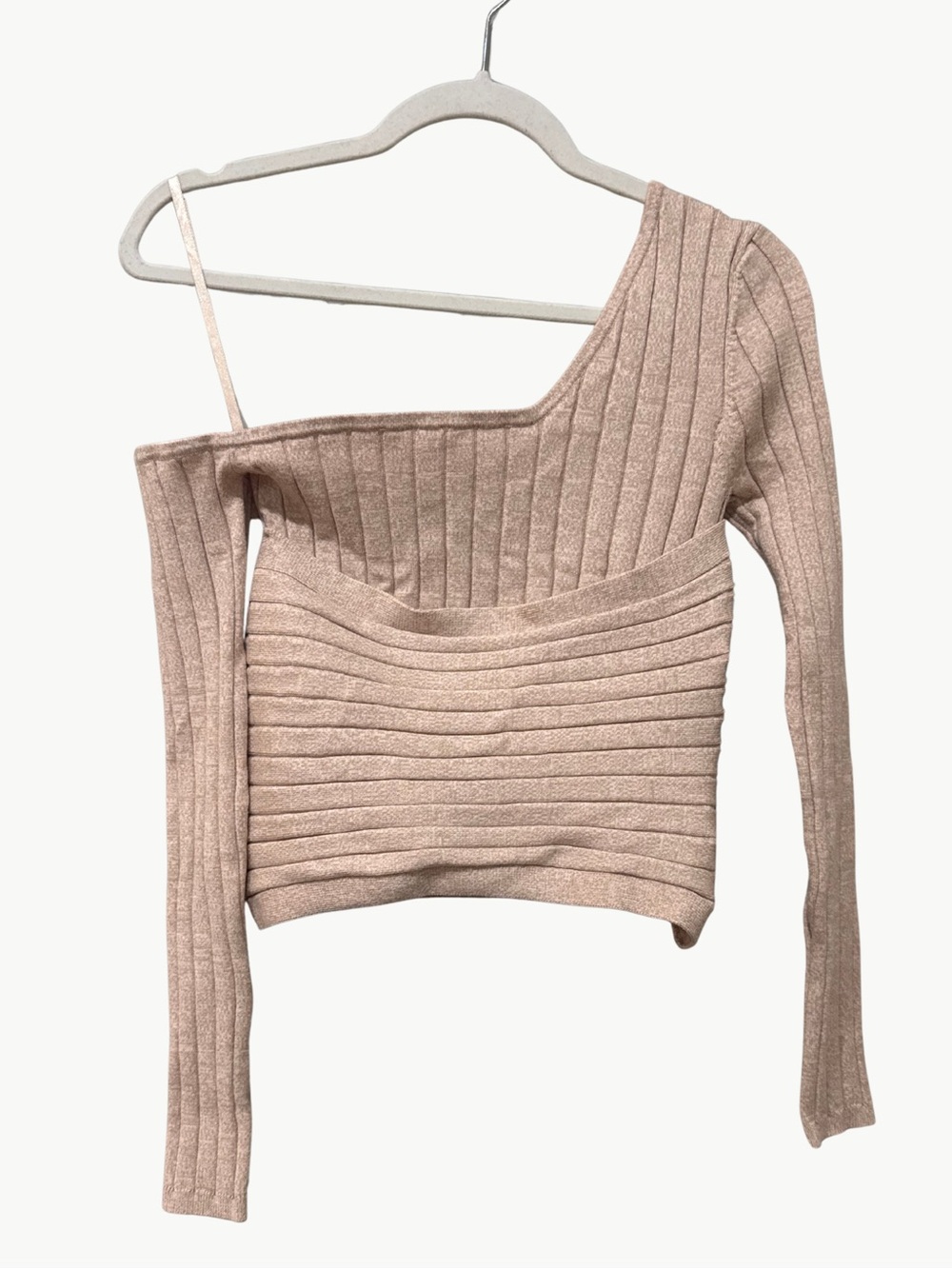 Ronny Kobo Rosette Oatmeal Asymmetrical Wrap Ribbed Knit Crop Top Neutral Date - Picture 4 of 13